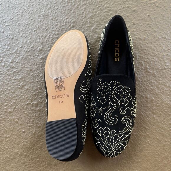 New Chico's Embellished Loafers Black Gold Color Metal Studs Loafer Size 9 - Picture 4 of 12